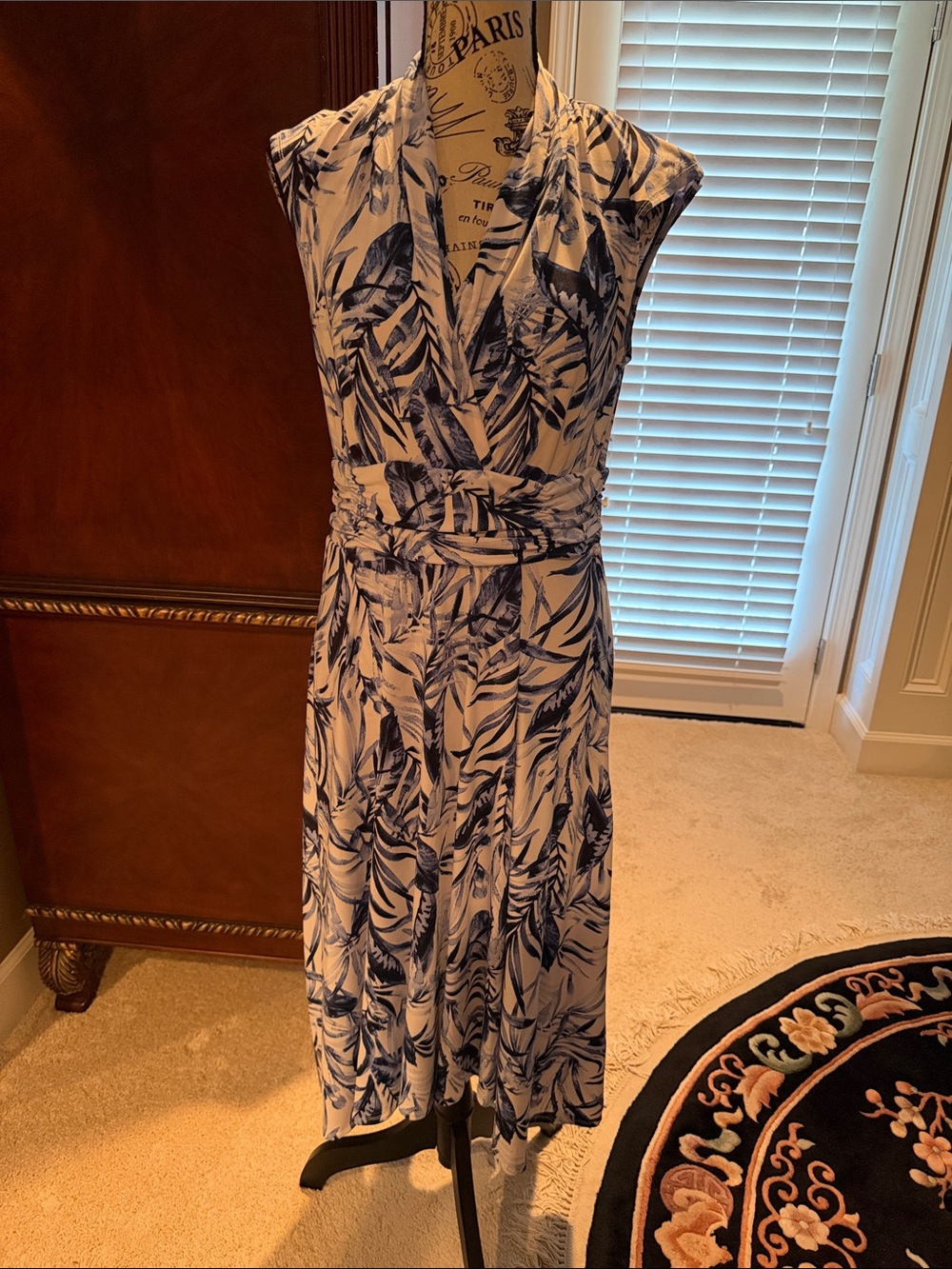 Sleeveless Blue Leaf Print Faux Wrap Dress